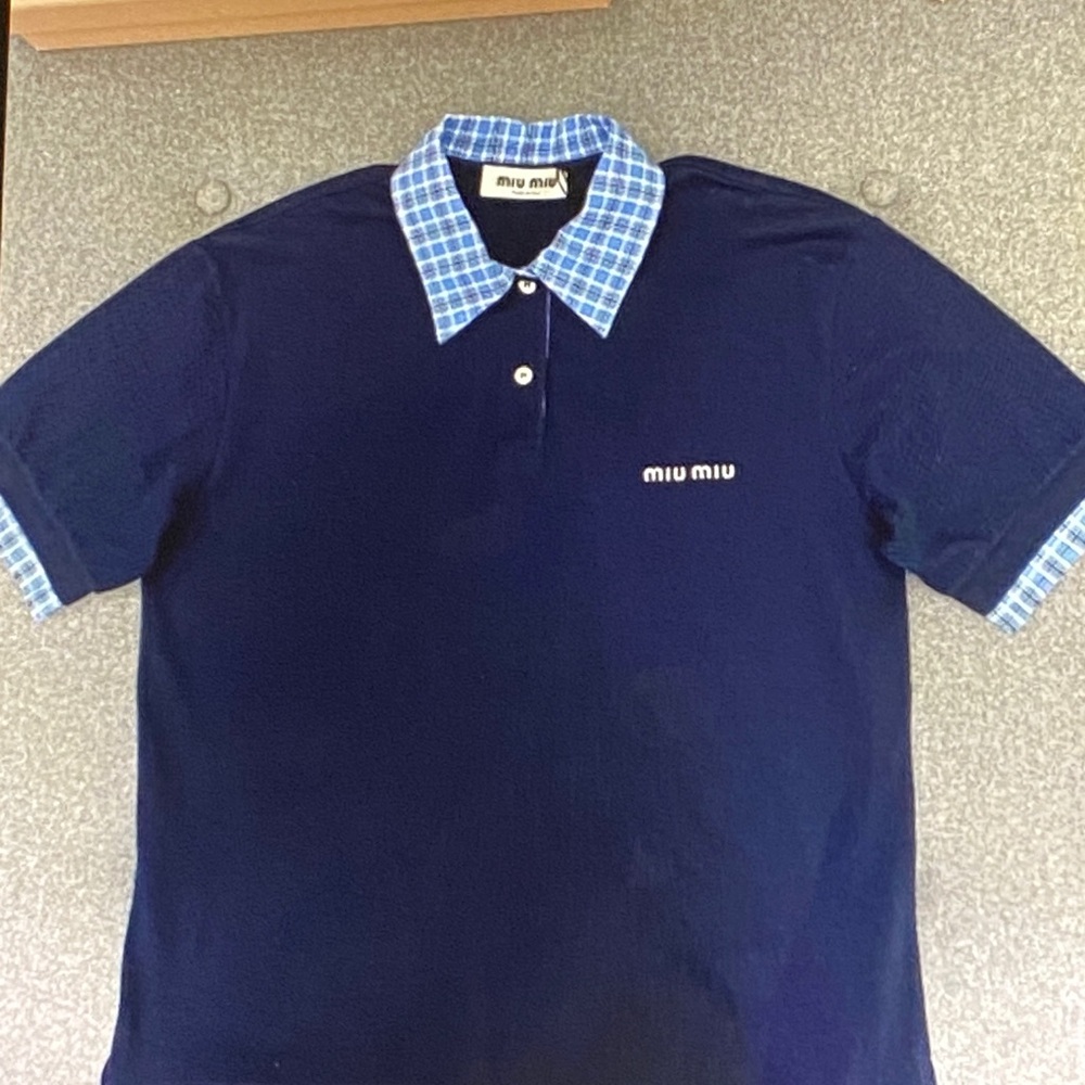 Miu Miu Navy Polo with Light Blue Check Collar